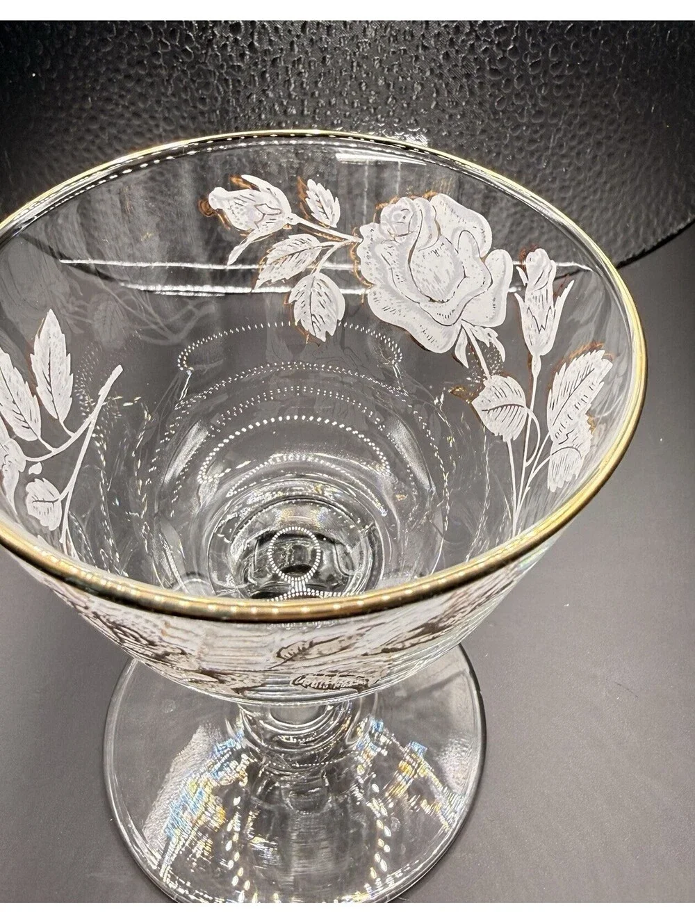 Vintage Libby Rose Set of 8 Clear Champagne Coupe Glasses Etched Gold Rim Floral
